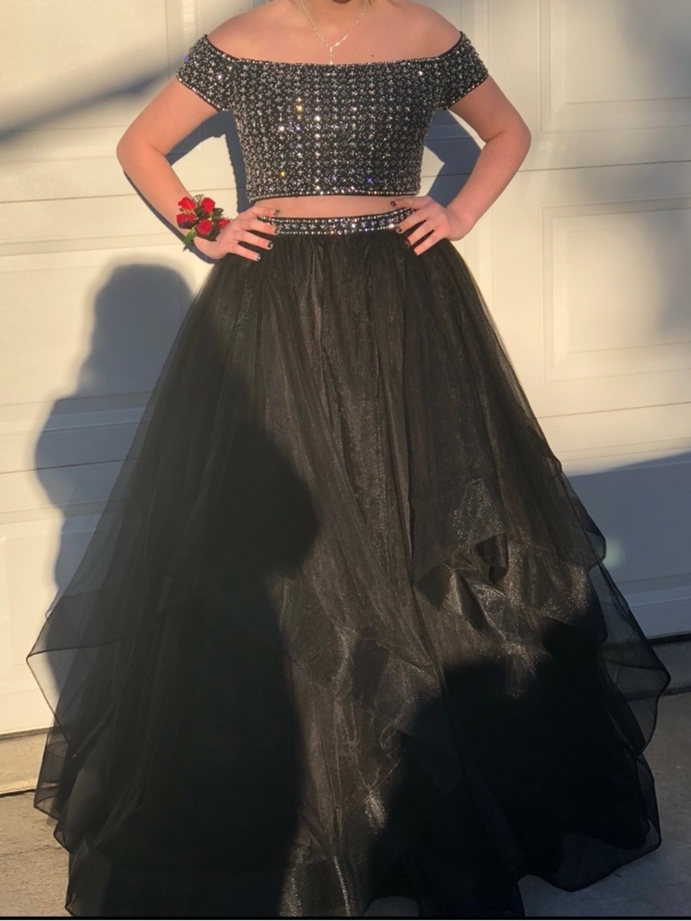 Girls Black Two-Piece Off-Shoulder Prom Dress